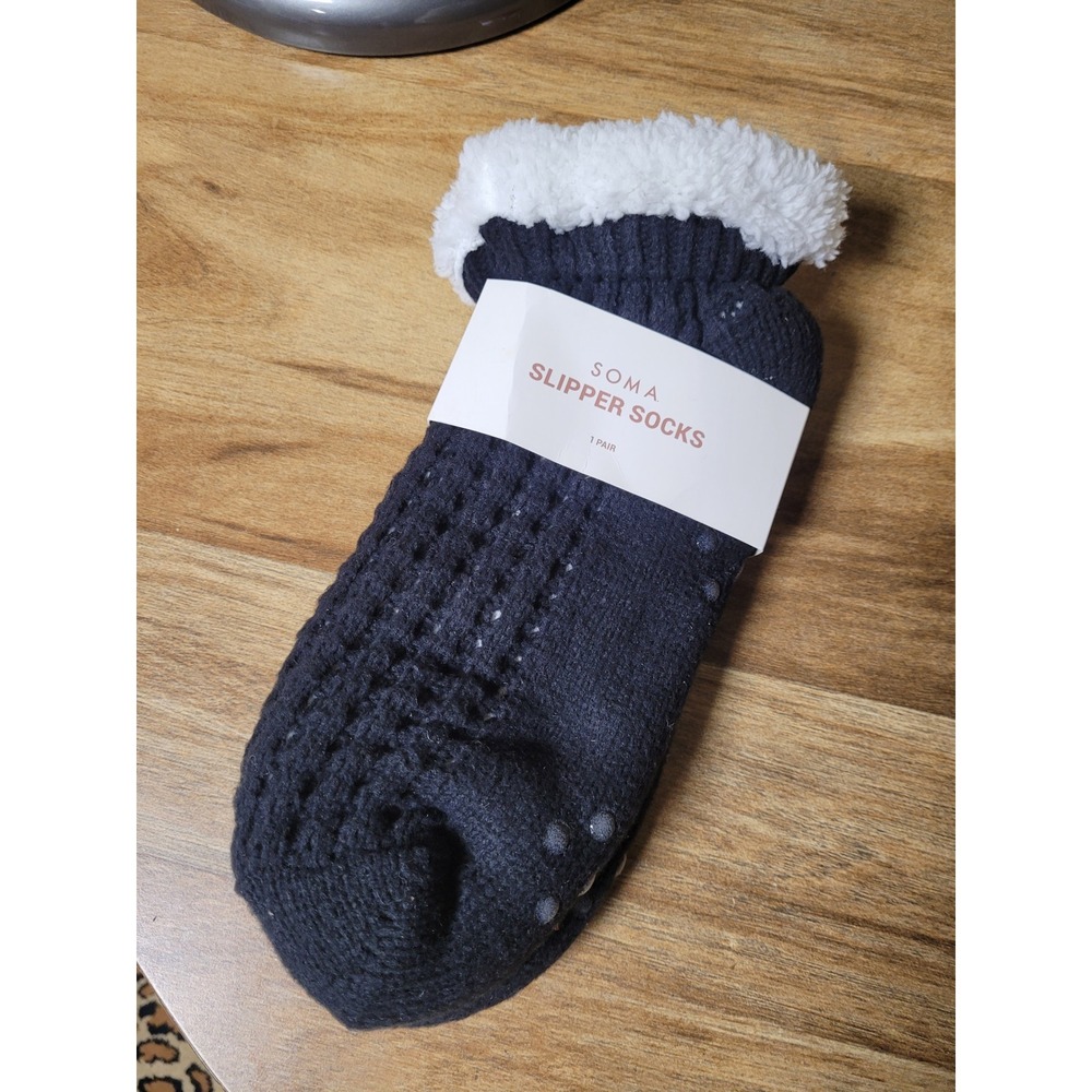 Soma Womens Black Knit Slipper Socks Faux Fur Lined Non Slip Grippers NWT